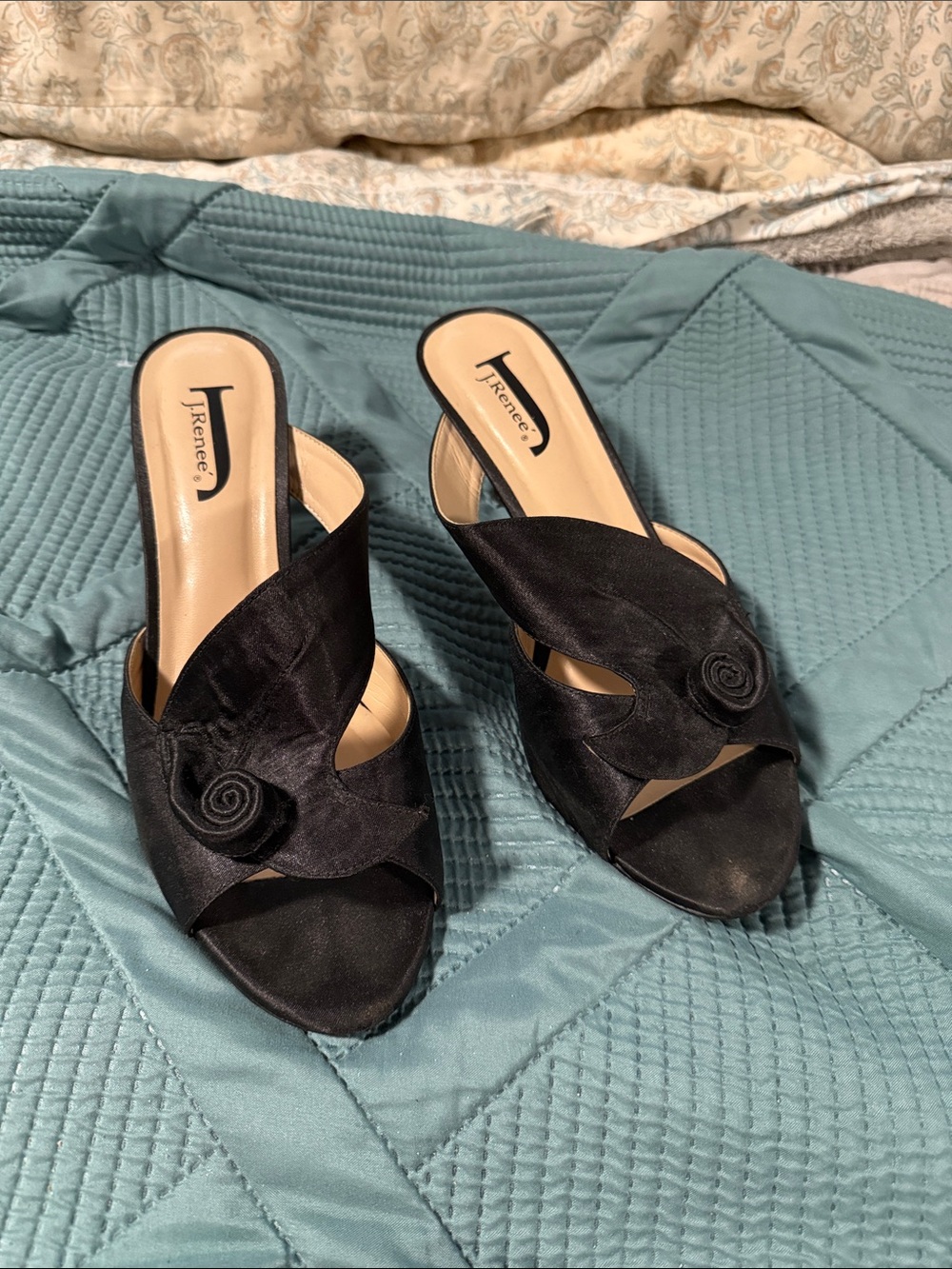 J.Renee Black Satin Slide Mules with Rosette Accent